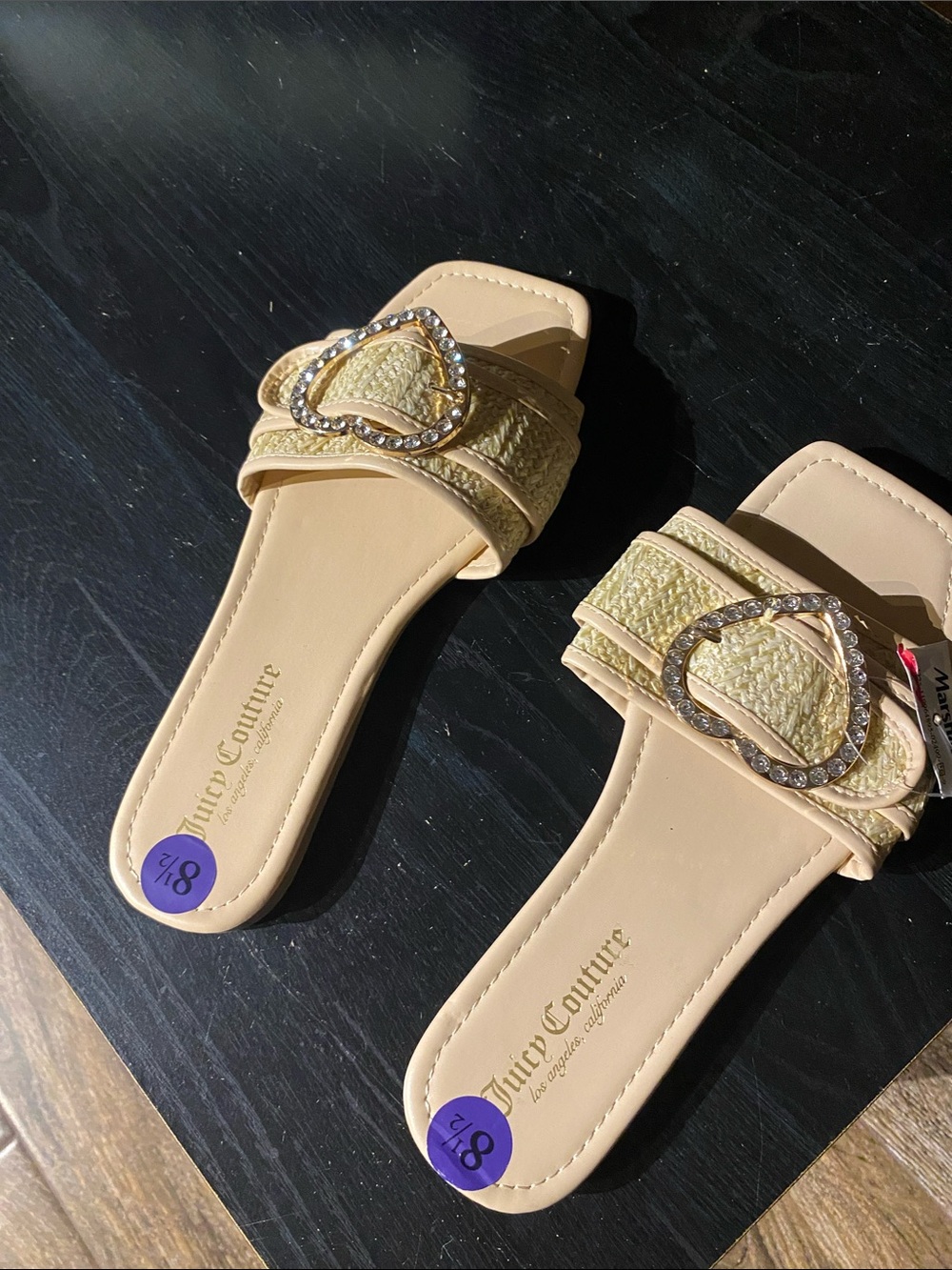 Juicy Couture Cream Slide Mules with Rhinestone Heart Buckles
